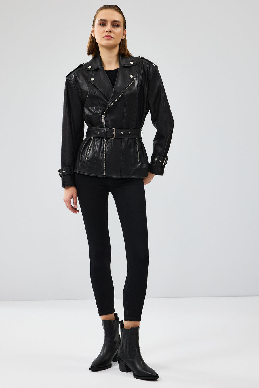 Zendaya Women's Black Belt Detailed Biker Leather Jacket