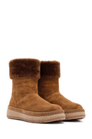 Woman Tan Thick-Soled Suede with Fur Detail Leather Boat | Derimod