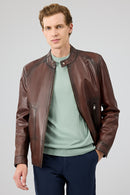 King Men's Brown Stand Collar Leather Jacket | Derimod