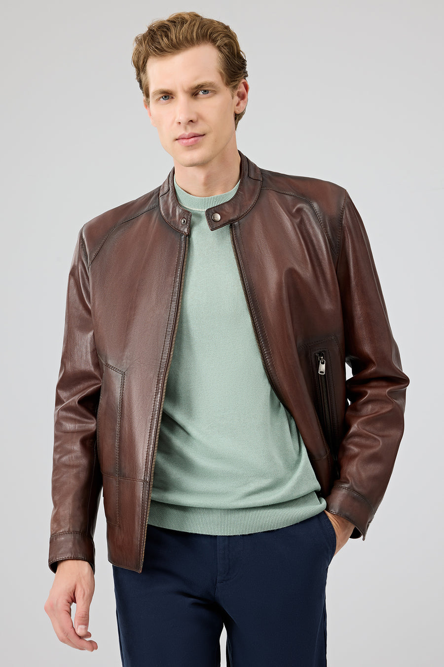 King Men's Brown Stand Collar Leather Jacket