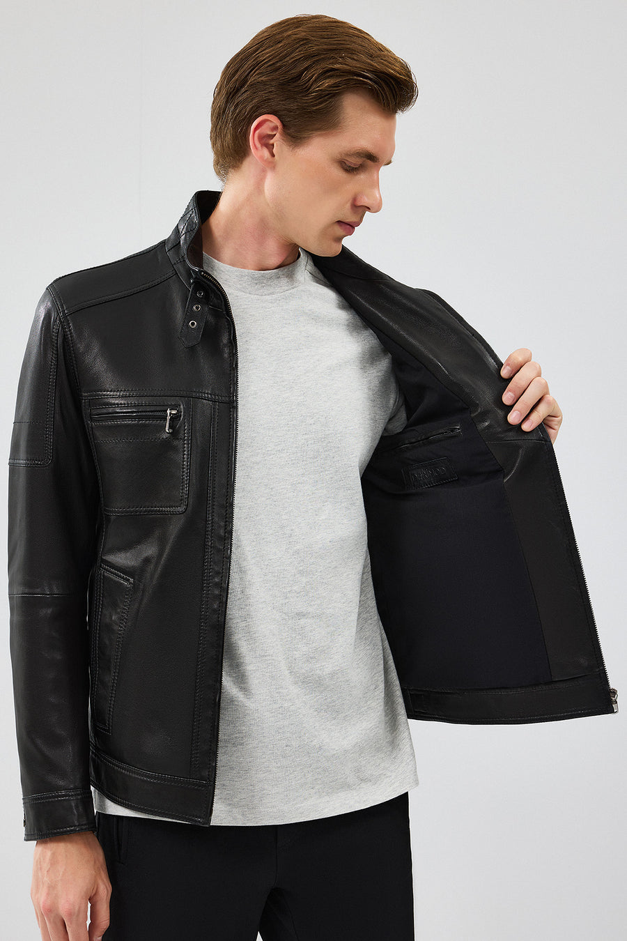 Wade Erkek Siyah Slim-Fit Deri Mont