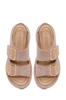 Woman Beige Double-Buckle Thick-Soled Suede Leather Comfort Sandal | Derimod