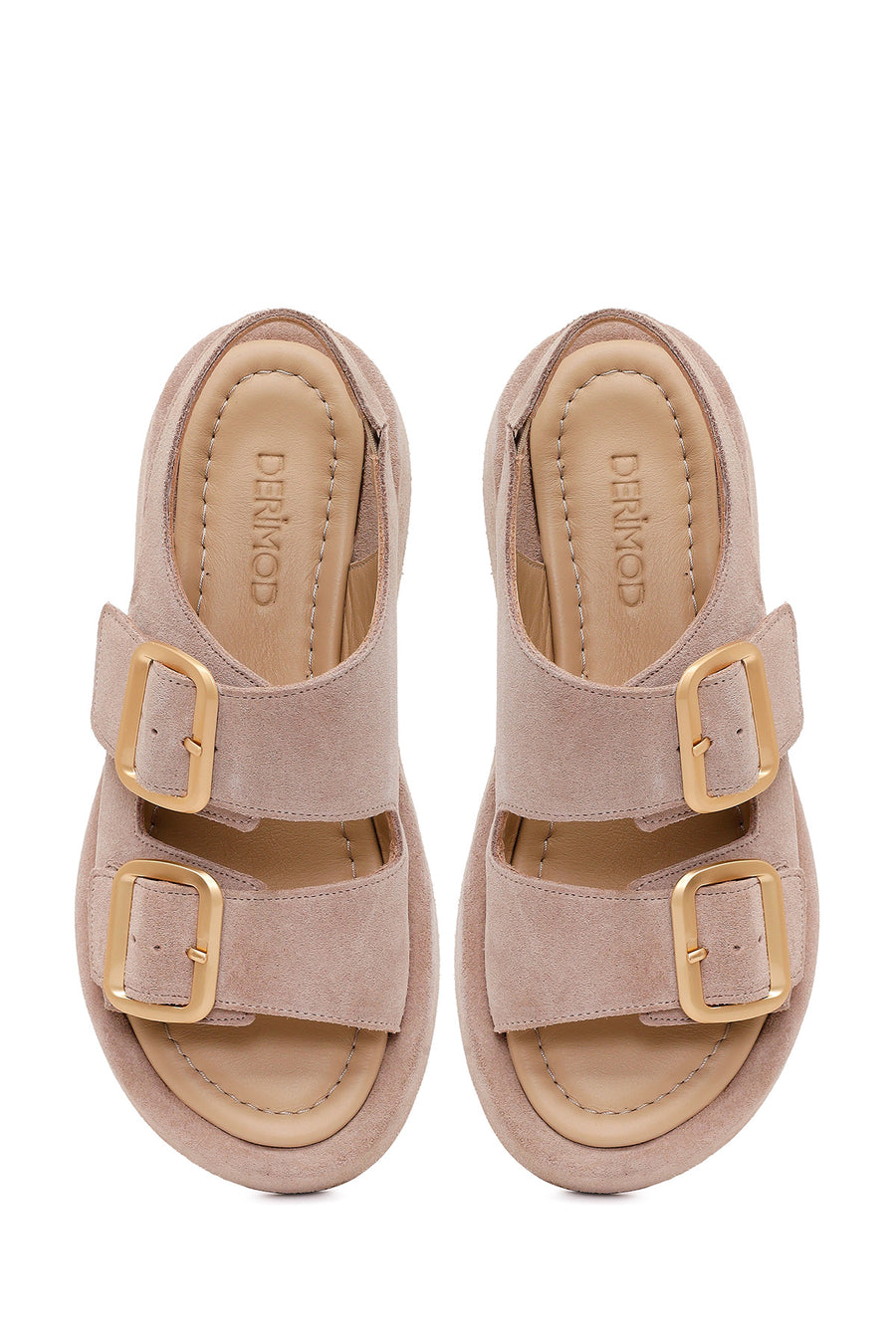 Woman Beige Double-Buckle Thick-Soled Suede Leather Comfort Sandal