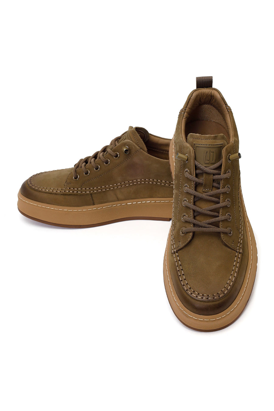 Male Khaki Lace-Up Thick-Soled Nubuck Leather Sneaker