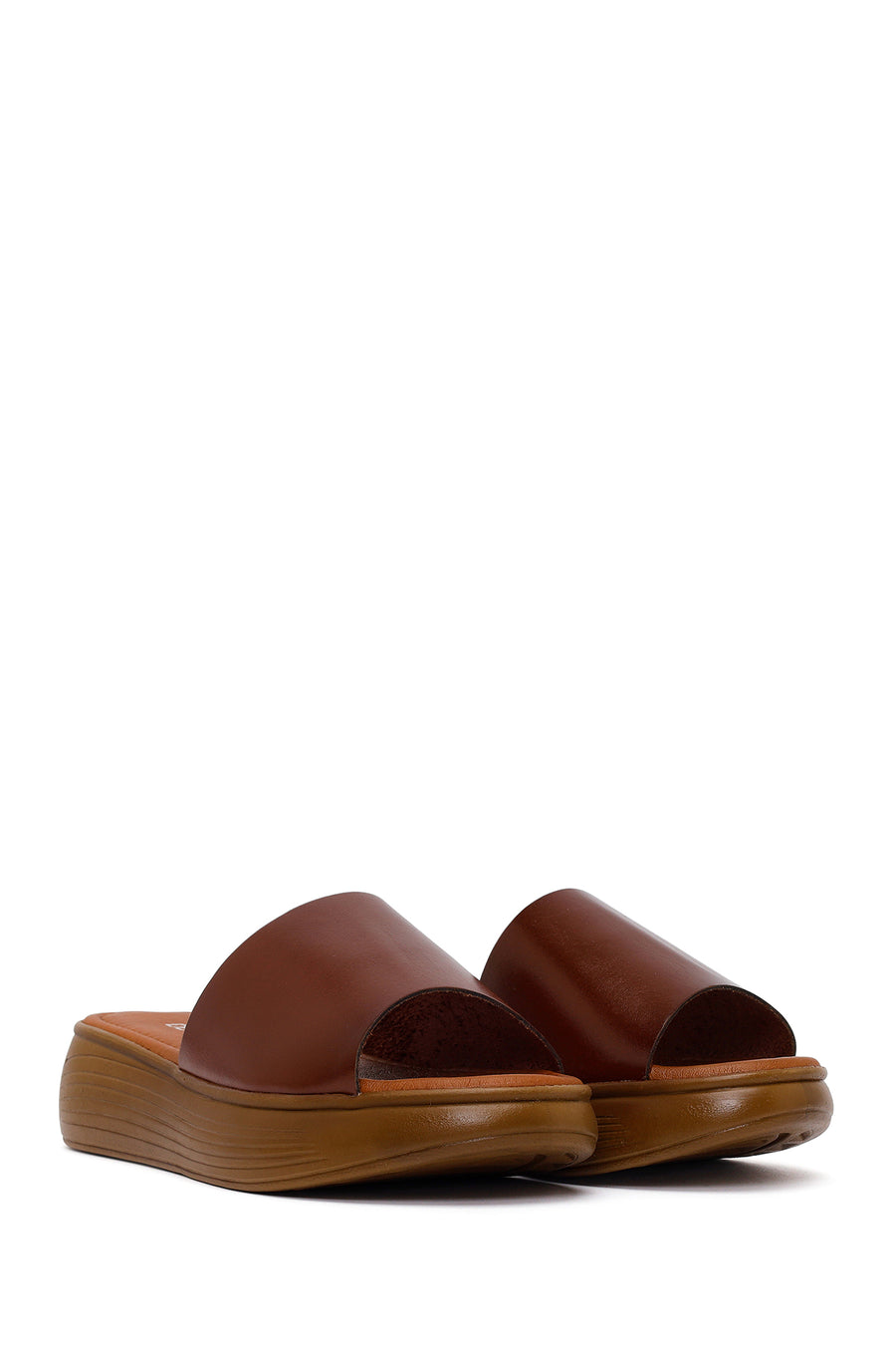 Women's Brown Thick Soled Leather Slippers