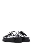 Women's Black Leather Stone Transparent Slippers | Derimod