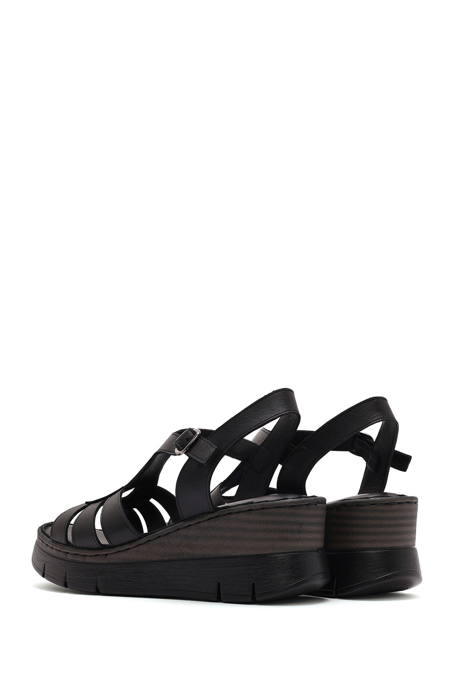 Women's Black Ankle Strap Wedge Heeled Leather Comfort Sandals