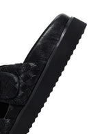 Women's Black Double Buckle Knitted Leather Slippers | Derimod