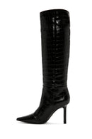 Women's Black Crocodile Patterned Thin Heeled Leather Boots | Derimod