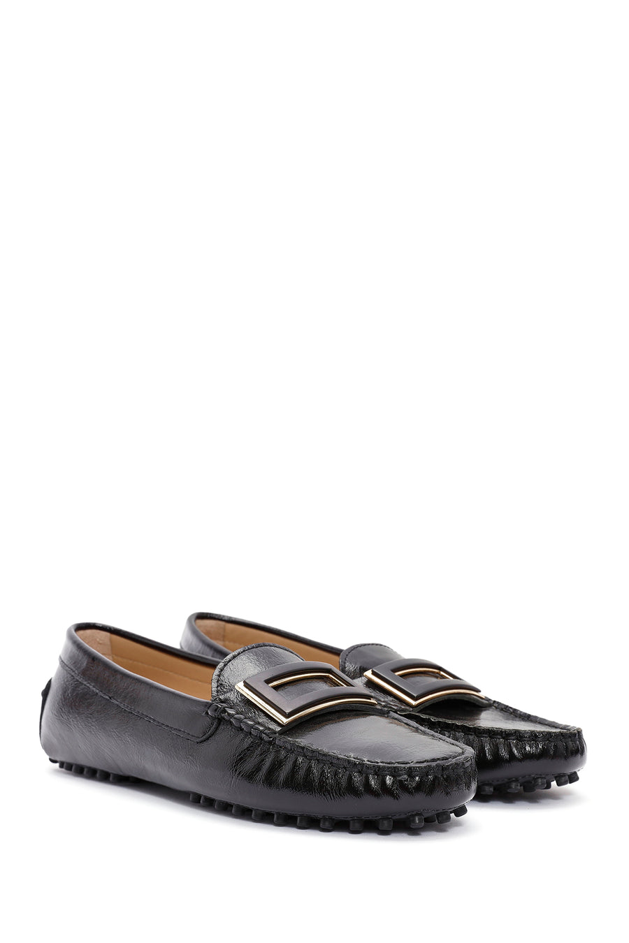 Woman Black Buckle-Detail Leather Loafer