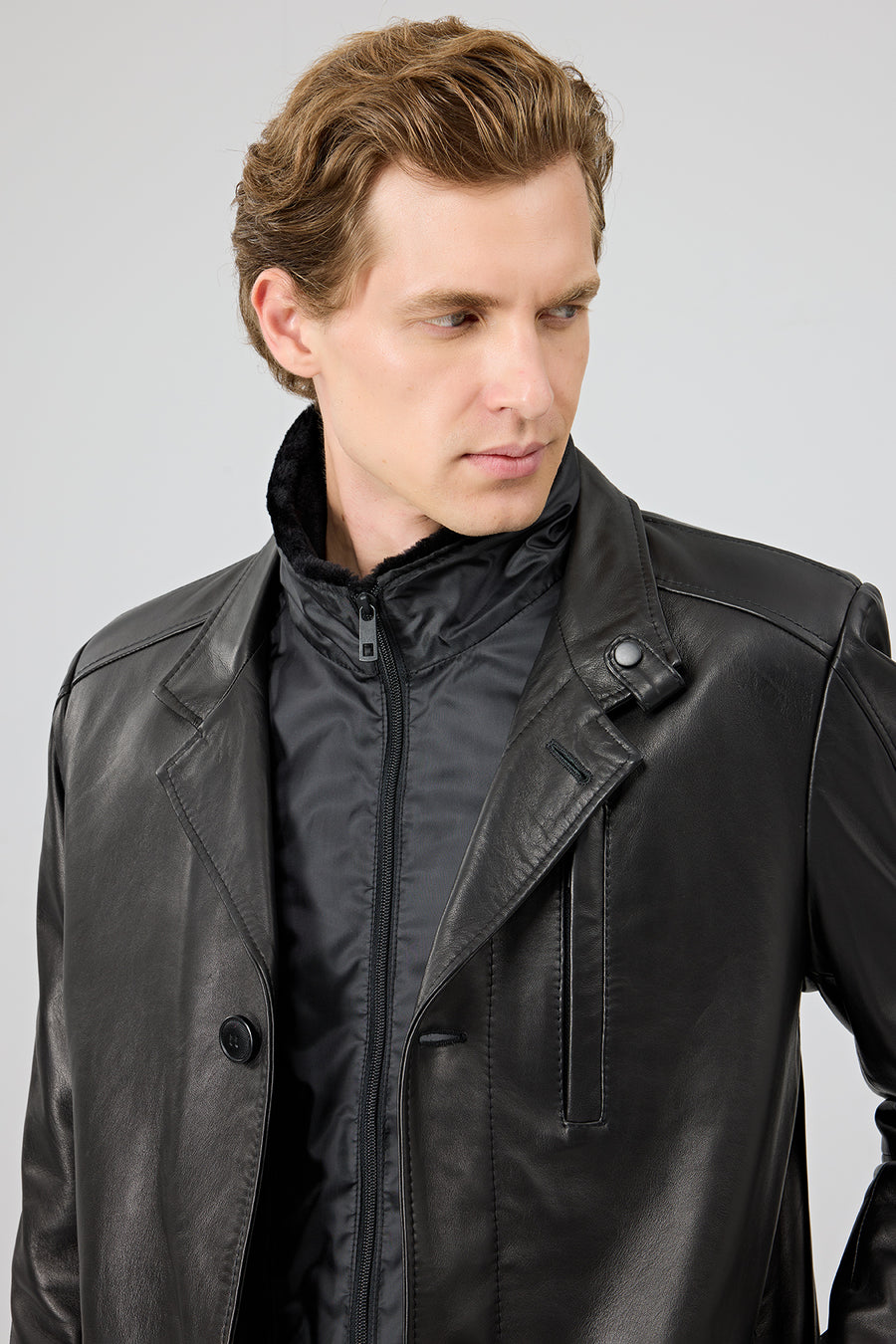 Barella Men's Black Collar Furry Leather Trench Coat