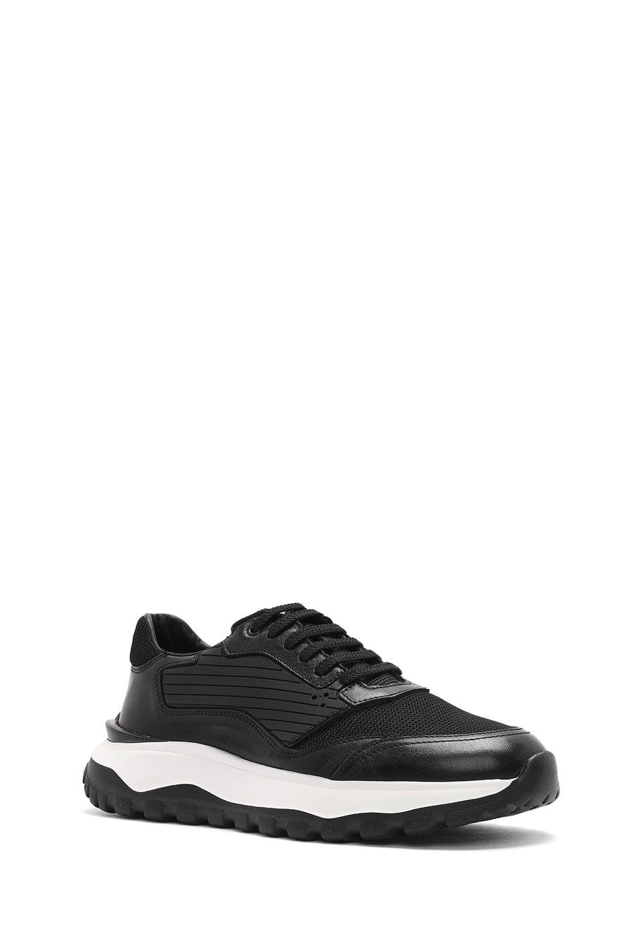 Erkek Siyah Bağcıklı Kalın Tabanlı Deri Sneaker
