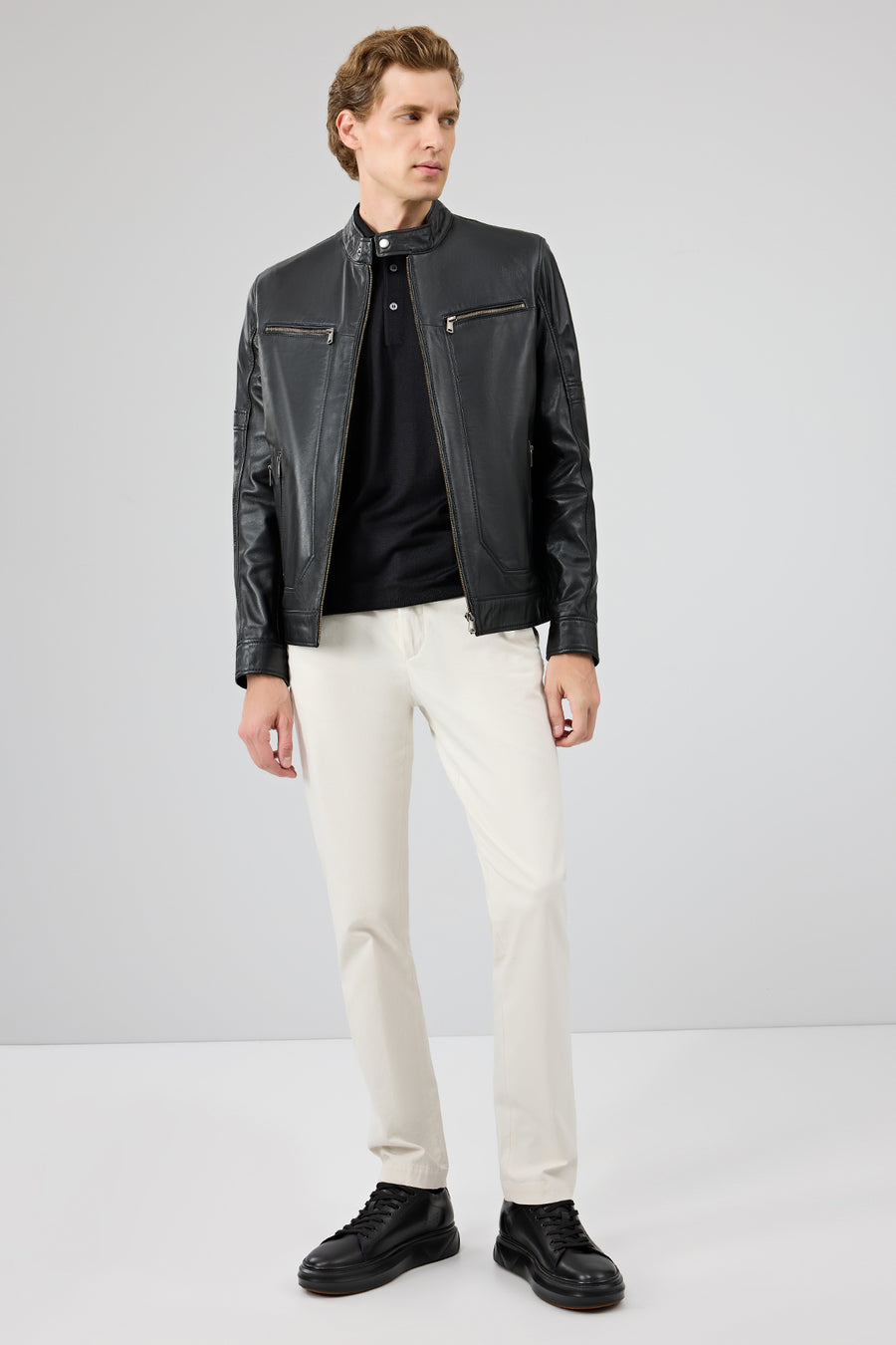 Patrick Men's Black Judge Collar Leather Jacket