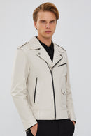 Carter Men's Beige Biker Leather Coat | Derimod