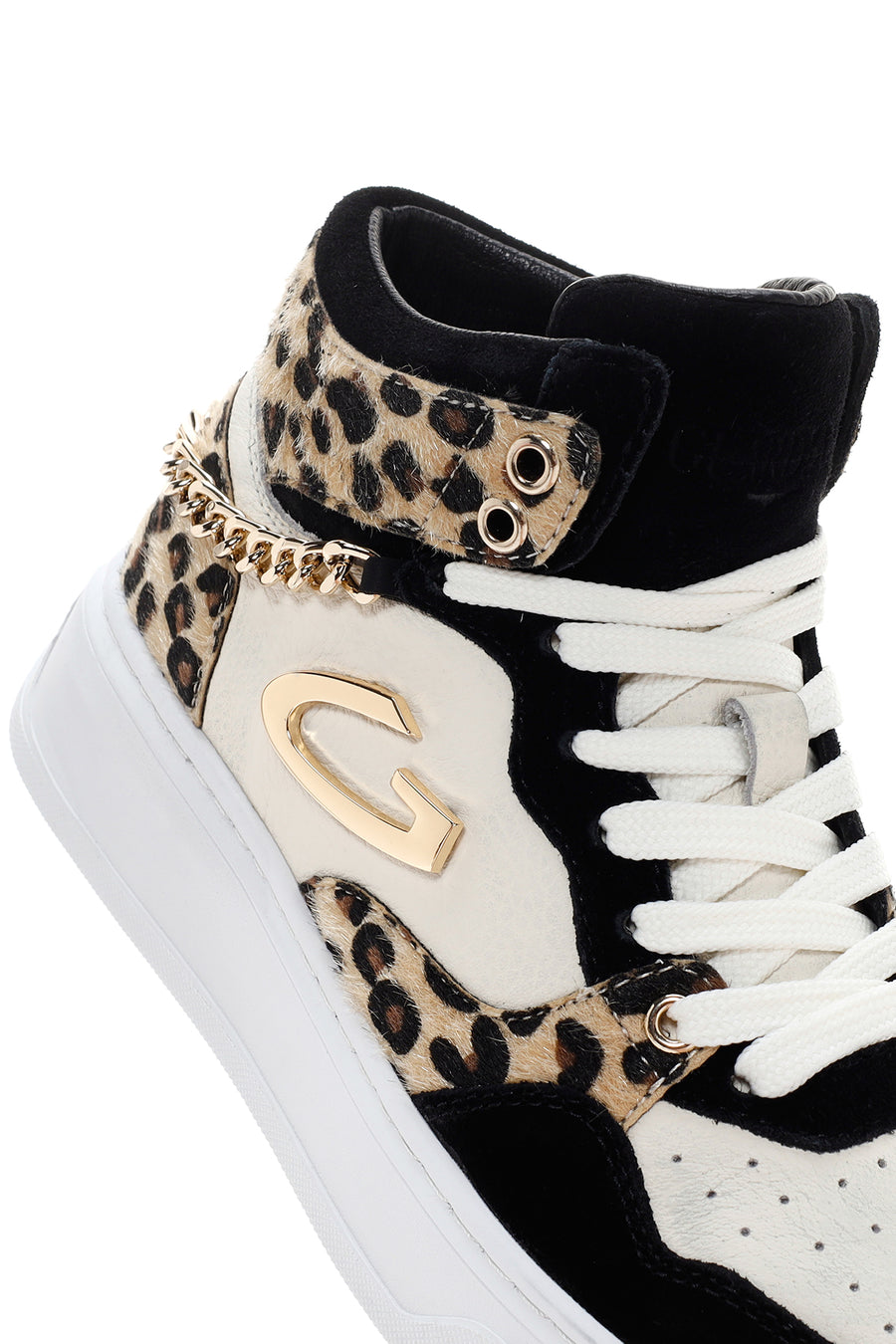Alberto Guardiani Women's Black White Leopard Leather Thick Sole High Top Sneaker
