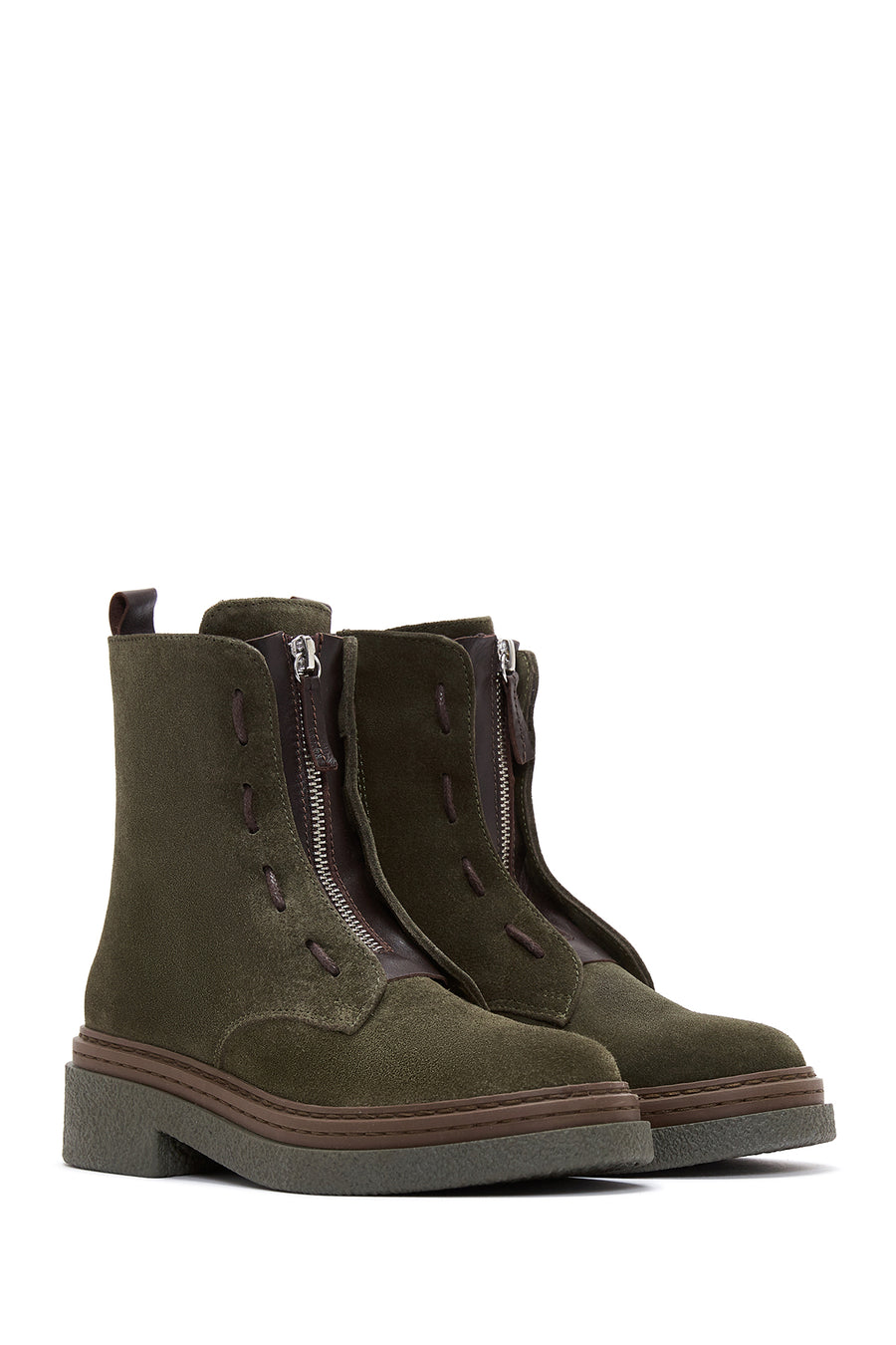 Women's Khaki Suede Leather Zippered Flat Boots