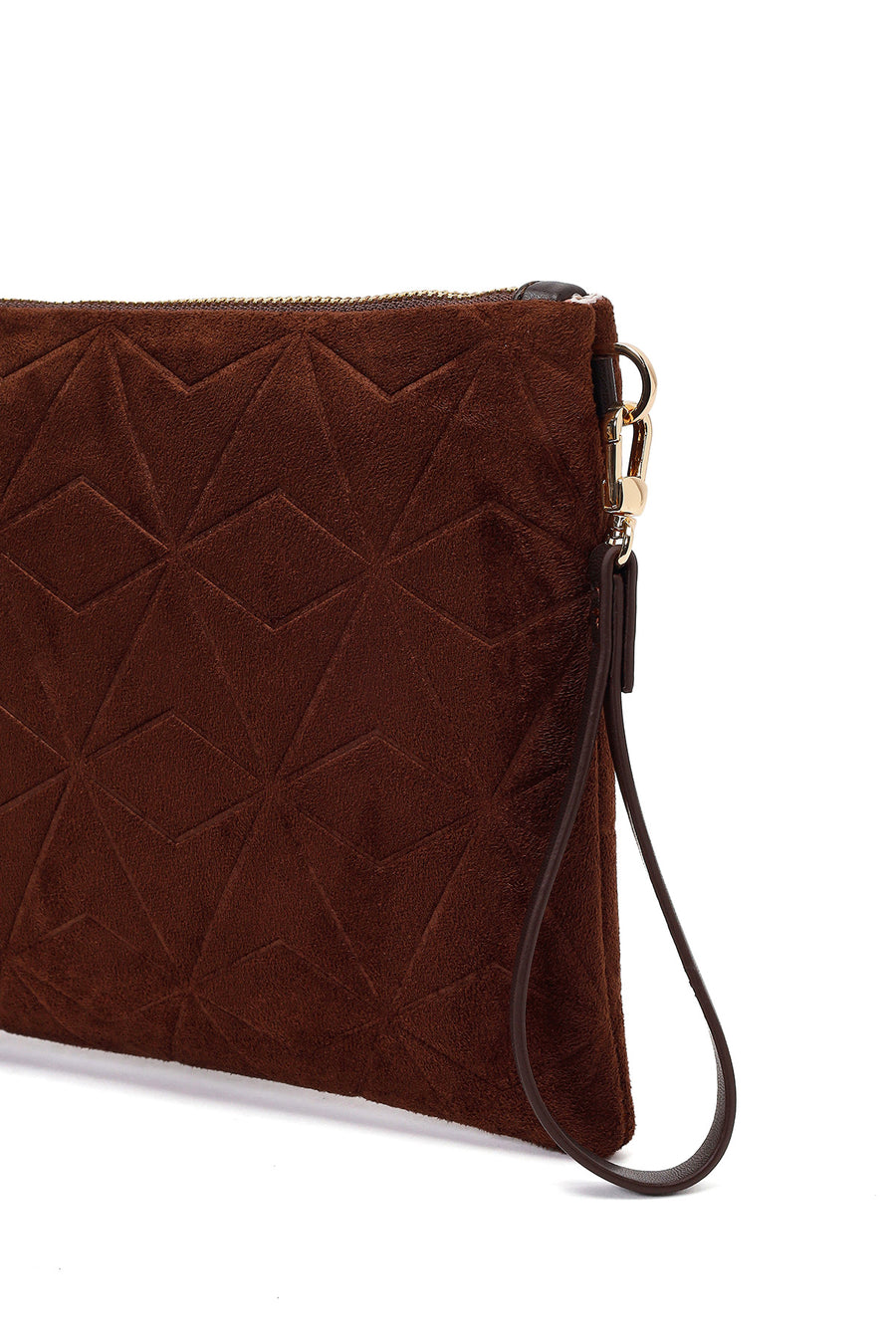 Woman Brown Printed Suede Clutch Bag with Long Chain Strap