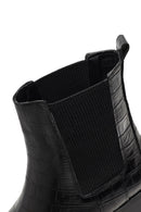 Women's Black Croco Patterned Short Thick Heel Leather Chelsea Boot | Derimod