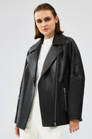 Adriana Women's Black Double Collar Leather Jacket | Derimod