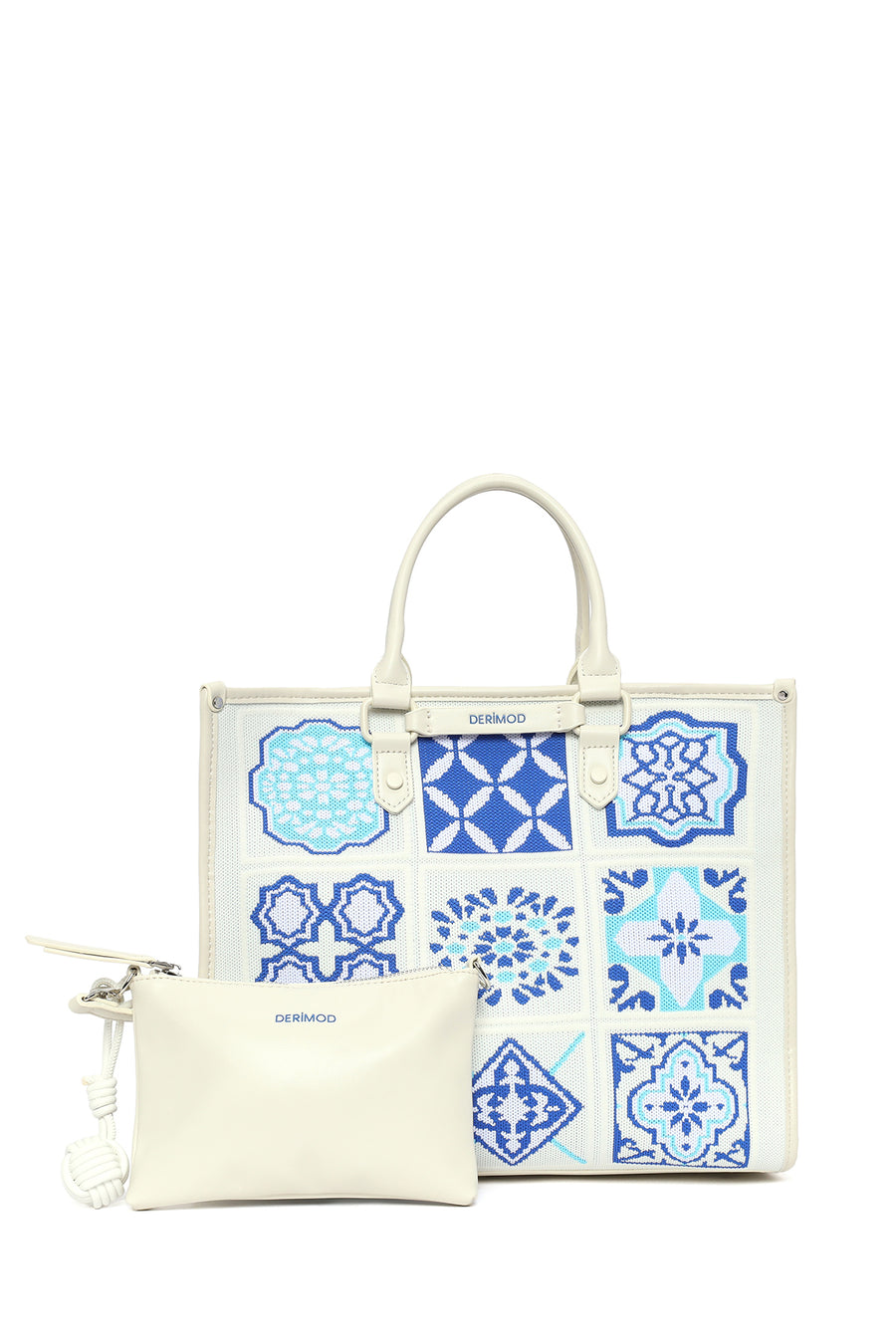 Woman Blue Long Strap Patterned Fabric Shoulder Bag