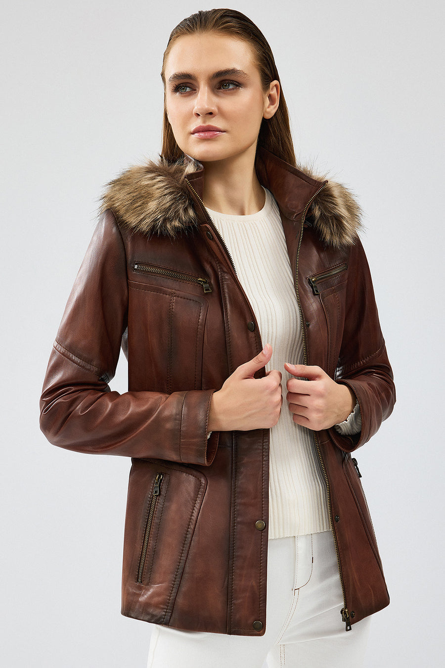Rebecca Women's Brown Hooded Furry Leather Jacket