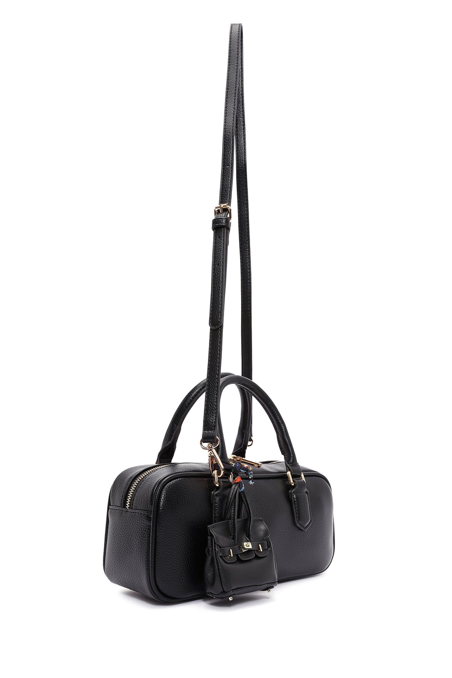 Women's Black Long Strap Handbag with Accessory Detail