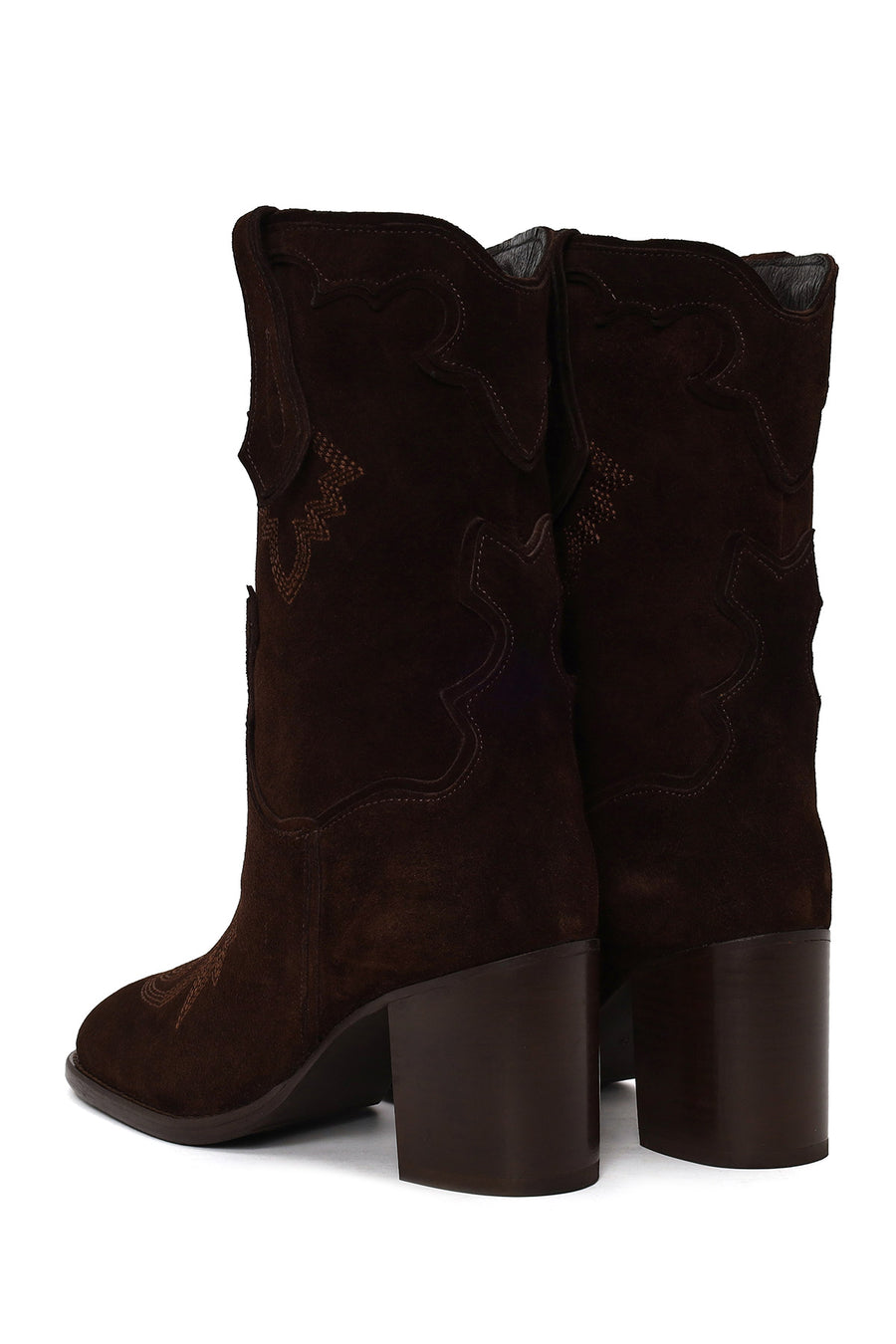 Woman Brown Thick-Heeled Patterned Suede Cowboy Boots
