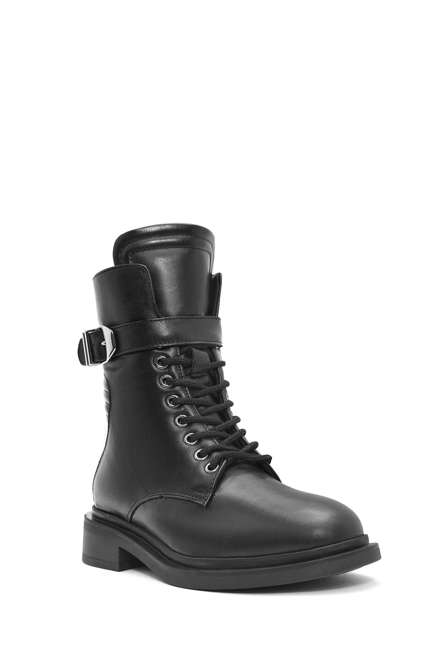 Woman Black Zip Closure Leather Combat Boots