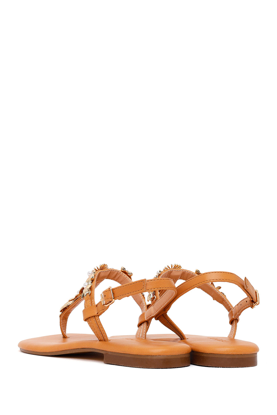 Woman Tan Ankle-Buckle Toe-Post Embellished Sandal
