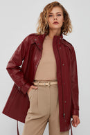 Whitney Women's Burgundy Long Leather Jacket | Derimod