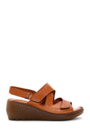 Women's Tan Leather Wedge Heel Comfort Sandals | Derimod