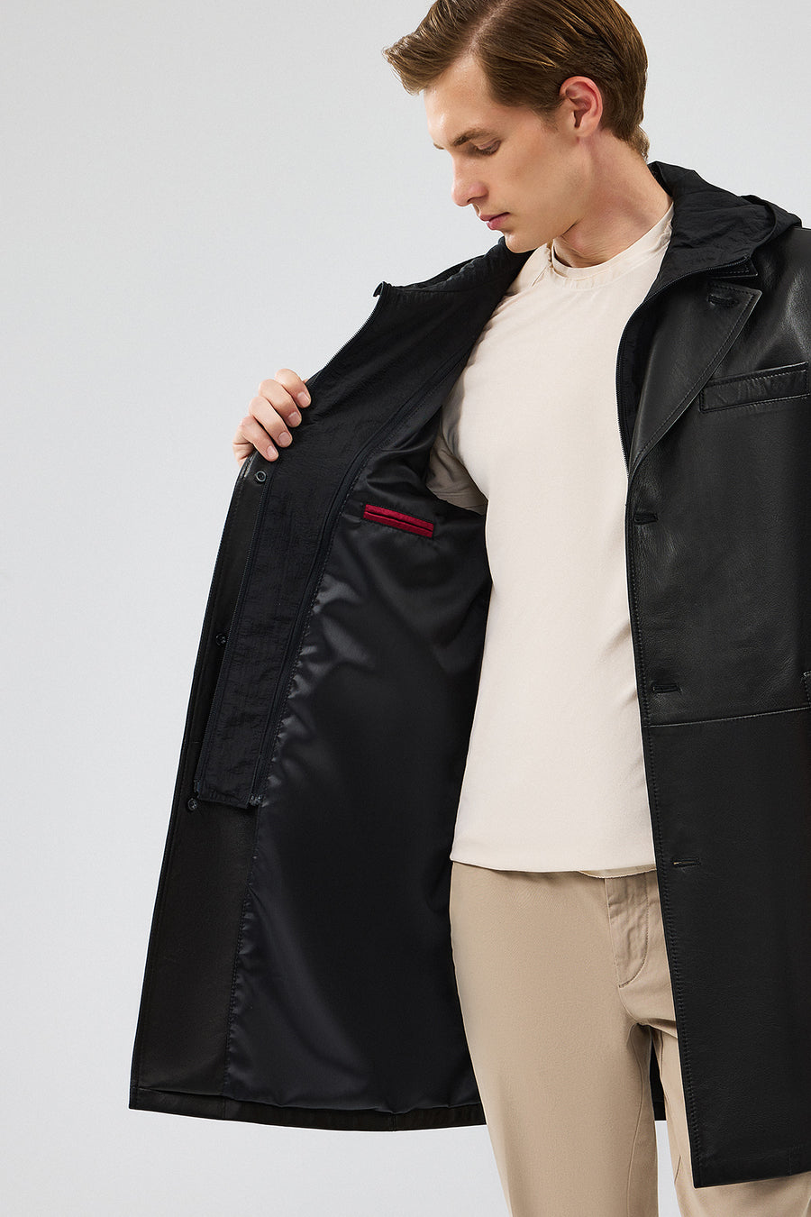 Dias Men's Black Long Hooded Leather Trench Coat