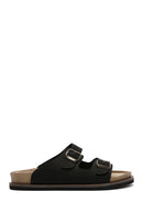 Men's Black Buckle Detailed Nubuck Leather Slippers | Derimod