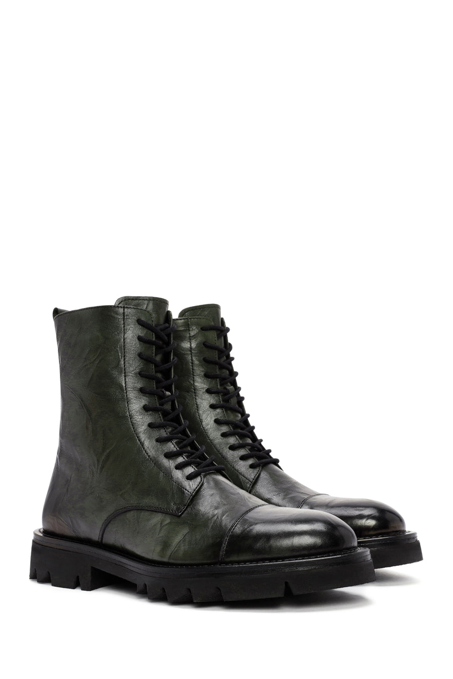 Men's Green Zippered Leather Casual Combat Boots