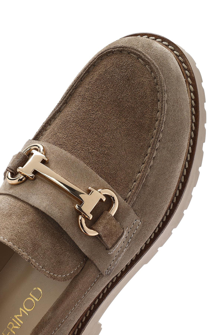 Kadın Bej Kalın Tabanlı Aksesuarlı Süet Deri Maskülen Loafer