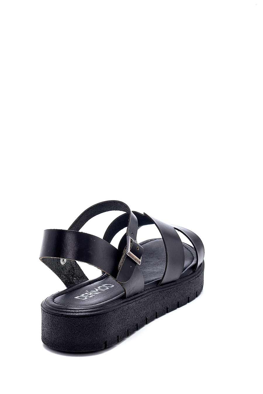 Women's Black Leather Flat Sandals