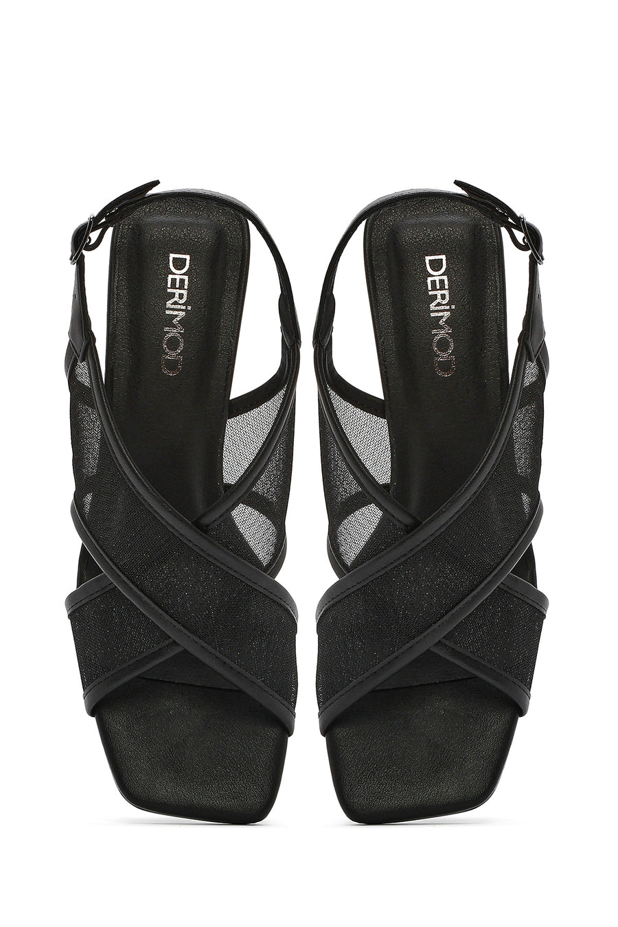 Women's Black Fabric Sandals with Thick Heels and Ankle Buckle