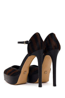 Woman Brown Ankle Buckle Platform Feather-Detail High Thin-Heeled Leather Shoes | Derimod