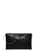 Women's Black Chain Strap Patterned Patent Leather Clutch Bag | Derimod