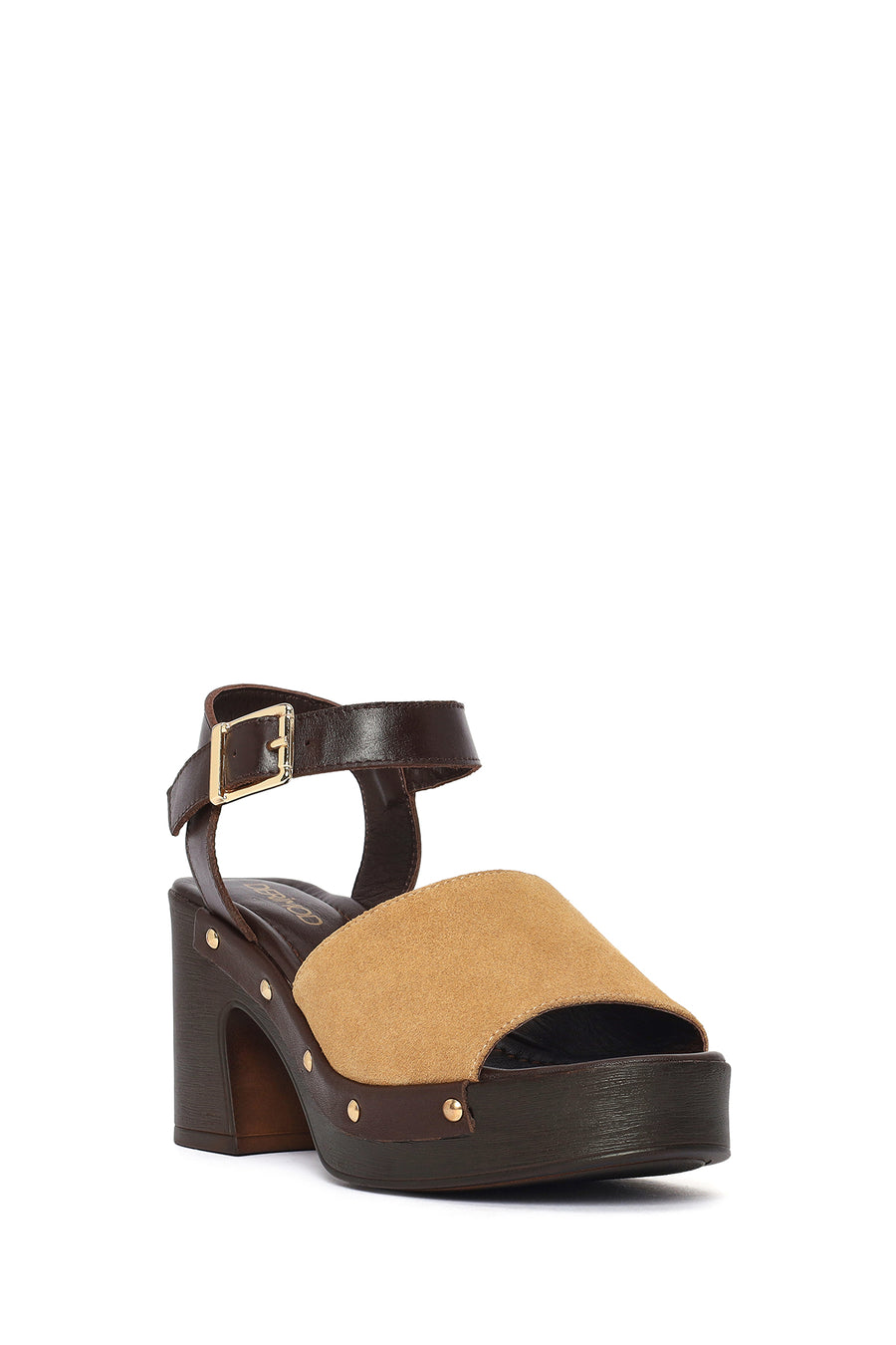 Woman Beige Ankle-Strap Buckled Thick-Heeled Suede Leather Sandals