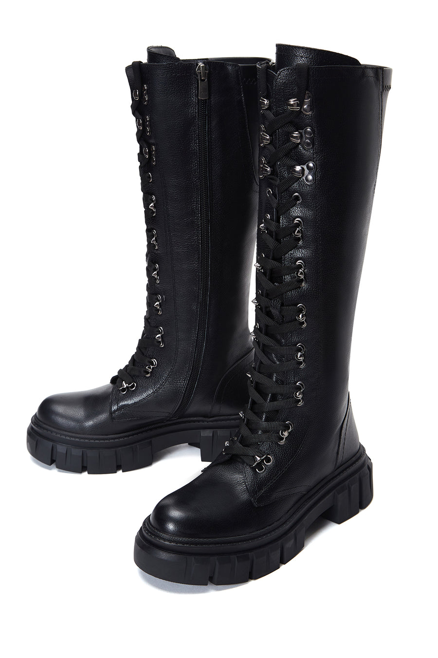 Women's Black Leather Zippered Thick Soled Boots