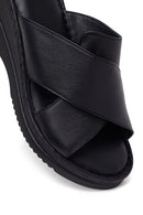 Women's Black Thick Soled Leather Comfort Slippers | Derimod
