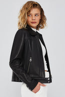 Olympia Women's Black Short Leather Jacket | Derimod