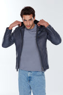 Towns Men's Blue Hooded Slim-Fit Sports Leather Jacket | Derimod