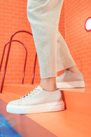 Men's White Lace-up Thick-Sole Leather Sneaker | Derimod