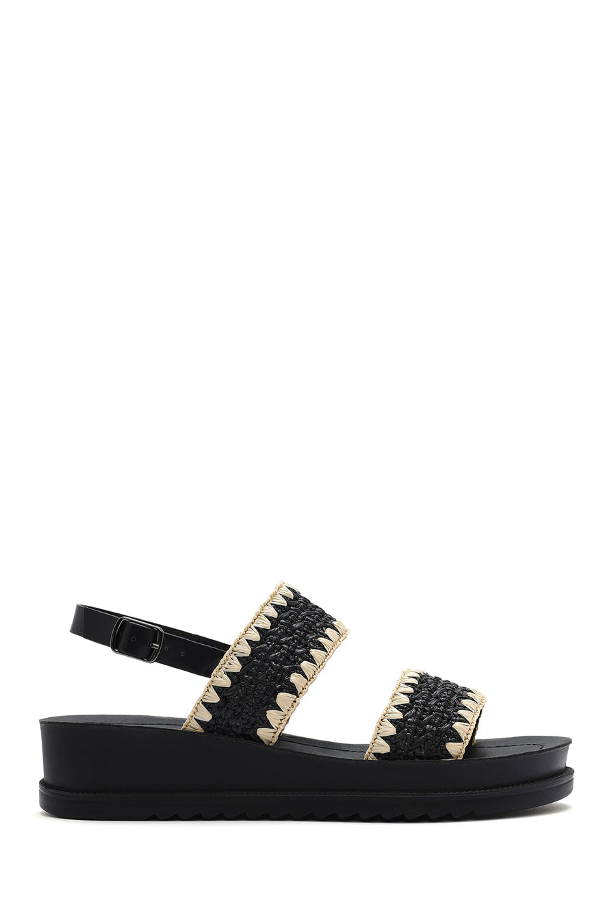 Women's Black Ankle Buckle Thick Soled Straw Sandals 25SFE4653M7 | Derimod