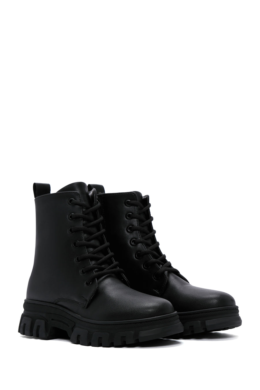 Women's Black Lace-Up Zipper Detailed Combat Boots