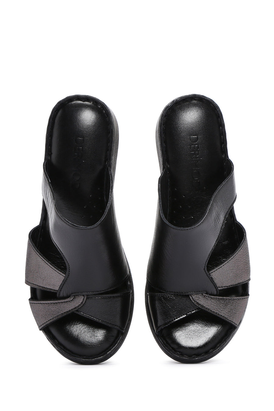 Women's Black Wedge Heeled Leather Comfort Slippers