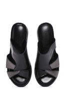 Women's Black Wedge Heeled Leather Comfort Slippers | Derimod