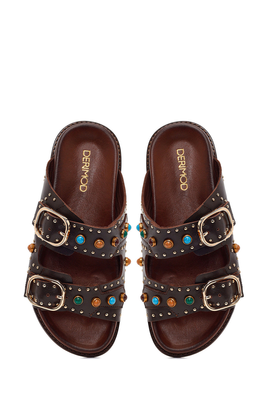 Women's Brown Studded Leather Slippers